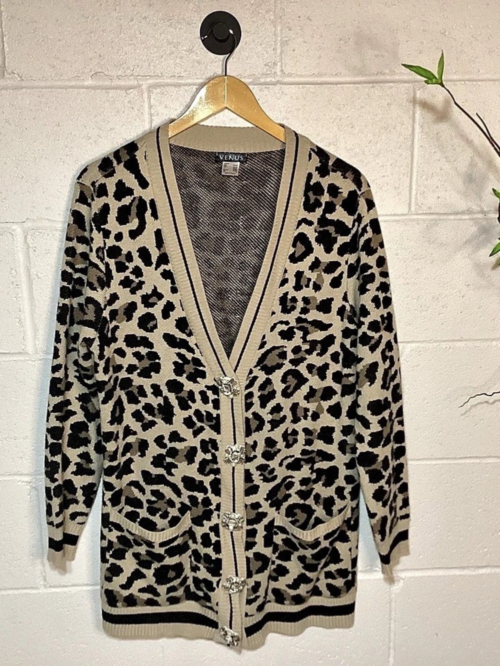 VENUS Leopard Print Cardigan Brown & Black Size Large Jeweled Buttons